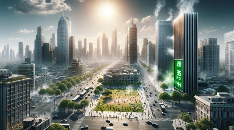A imagem ilustrando o conceito de Ilha de Calor Urbano foi criada, mostrando um cenário de cidade durante um dia quente de verão, evidenciando o contraste entre áreas urbanas densas e espaços verdes escassos. (Imagem gerada por IA)