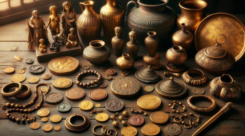 Coleção de artefatos de bronze sobre uma mesa de madeira (Imagem gerada por IA)