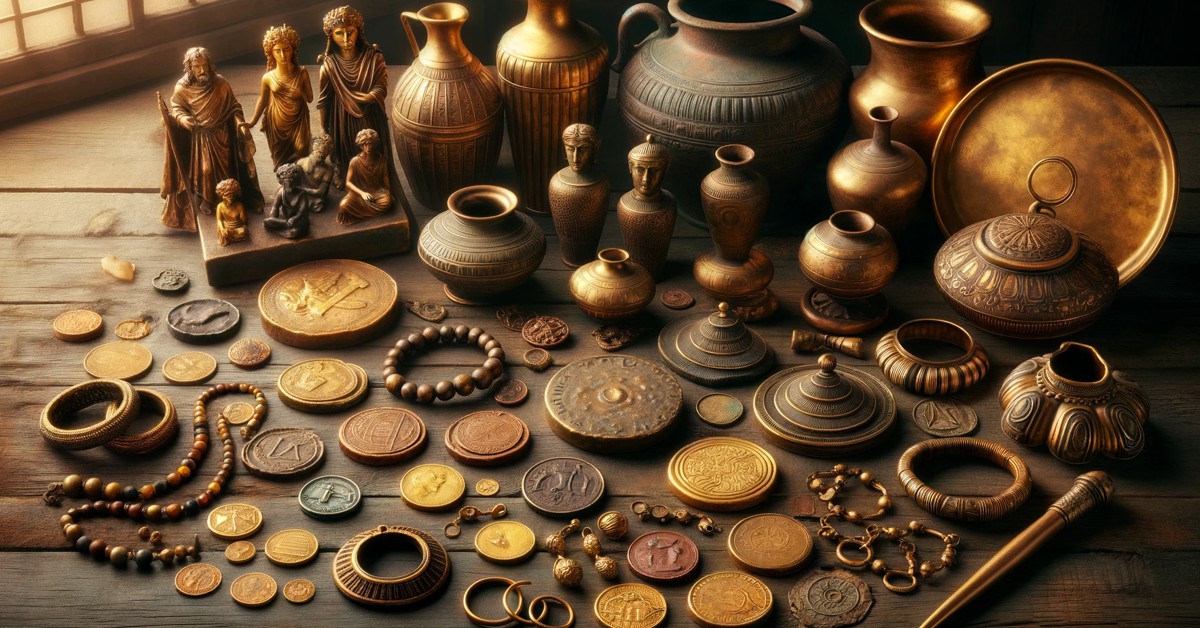Coleção de artefatos de bronze sobre uma mesa de madeira (Imagem gerada por IA)