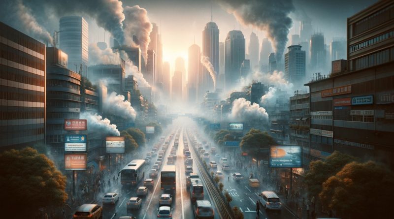A imagem foi criada para ilustrar a questão da poluição atmosférica em um ambiente urbano, destacando o impacto da atividade humana na qualidade do ar e a necessidade urgente de medidas de proteção ambiental (Imagem gerada por IA)