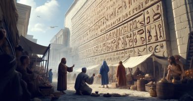 A imagem retrata um mercado animado na antiga Fenícia, com uma parede de pedra exibindo inscrições estilizadas do alfabeto fenício, (Imagem gerada por IA)