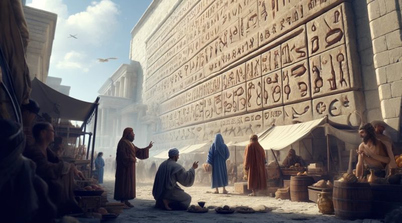 A imagem retrata um mercado animado na antiga Fenícia, com uma parede de pedra exibindo inscrições estilizadas do alfabeto fenício, (Imagem gerada por IA)