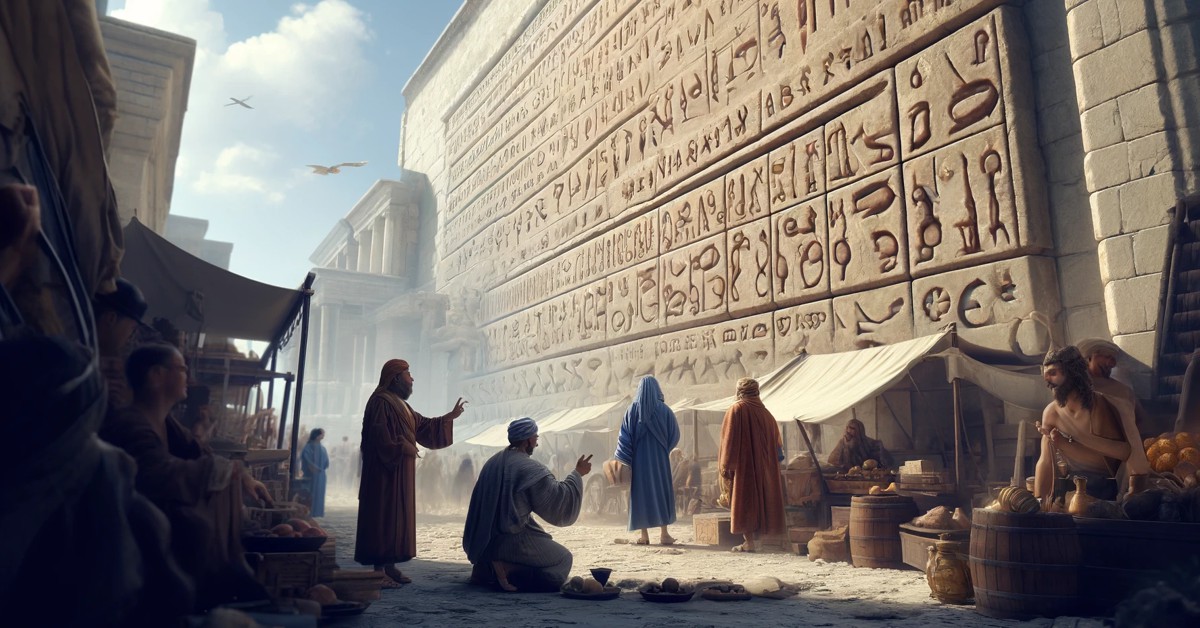 A imagem retrata um mercado animado na antiga Fenícia, com uma parede de pedra exibindo inscrições estilizadas do alfabeto fenício, (Imagem gerada por IA)