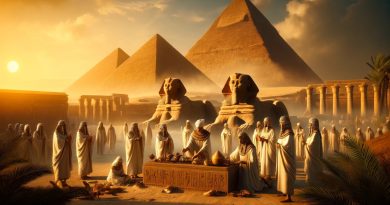 A imagem mostra as majestosas Pirâmides de Gizé ao fundo com um pôr do sol dourado e claro. Em primeiro plano, faraós e sacerdotes egípcios são vistos conduzindo uma cerimônia religiosa com oferendas aos deuses perto da Esfinge. As figuras estão vestidas com trajes de linho tradicionais, adornadas com joias de ouro, refletindo a opulência do período. A cena captura a essência da cultura egípcia antiga, com hieróglifos esculpidos em monumentos de pedra e palmeiras balançando suavemente ao vento. (Imagem gerada por IA)