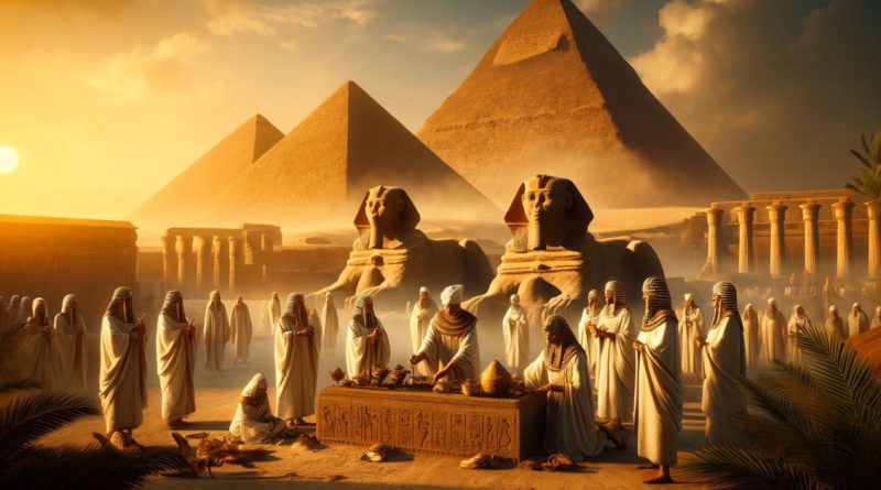 A imagem mostra as majestosas Pirâmides de Gizé ao fundo com um pôr do sol dourado e claro. Em primeiro plano, faraós e sacerdotes egípcios são vistos conduzindo uma cerimônia religiosa com oferendas aos deuses perto da Esfinge. As figuras estão vestidas com trajes de linho tradicionais, adornadas com joias de ouro, refletindo a opulência do período. A cena captura a essência da cultura egípcia antiga, com hieróglifos esculpidos em monumentos de pedra e palmeiras balançando suavemente ao vento. (Imagem gerada por IA)