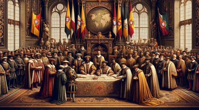 Imagem faz referência à assinatura do Tratado de Tordesilhas, capturando um momento significativo da história com atenção aos detalhes, desde o cenário grandioso até o traje dos delegados, sob o olhar atento dos representantes papais. Esta representação visual pretende dar vida à essência diplomática e histórica deste evento crucial. (Imagem gerada por IA)