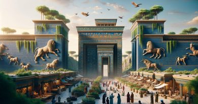 A imagem mostra o icônico Portão de Ishtar com seus tijolos azuis vidrados e relevos intrincados de dragões e touros, simbolizando os deuses babilônicos. (Imagem gerada por IA)