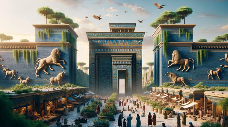 A imagem mostra o icônico Portão de Ishtar com seus tijolos azuis vidrados e relevos intrincados de dragões e touros, simbolizando os deuses babilônicos. (Imagem gerada por IA)