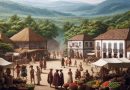 Imagem retrata uma cena movimentada de mercado em uma praça de vilarejo, com interações entre brasileiros indígenas e colonizadores europeus, ambientada contra um pano de fundo de vegetação tropical exuberante e montanhas distantes. (Imagem gerada por IA)