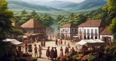 Imagem retrata uma cena movimentada de mercado em uma praça de vilarejo, com interações entre brasileiros indígenas e colonizadores europeus, ambientada contra um pano de fundo de vegetação tropical exuberante e montanhas distantes. (Imagem gerada por IA)