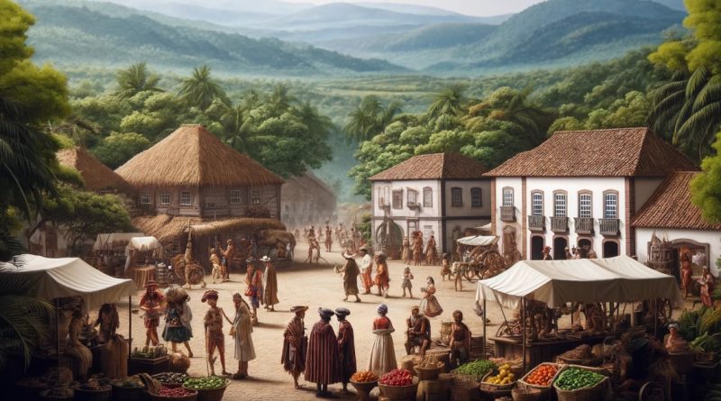 Imagem retrata uma cena movimentada de mercado em uma praça de vilarejo, com interações entre brasileiros indígenas e colonizadores europeus, ambientada contra um pano de fundo de vegetação tropical exuberante e montanhas distantes. (Imagem gerada por IA)