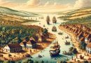Uma representação das capitanias hereditárias do Brasil, ilustrando a divisão colonial da terra com povoados e caravelas ao fundo (Imagem gerada por IA)