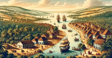 Uma representação das capitanias hereditárias do Brasil, ilustrando a divisão colonial da terra com povoados e caravelas ao fundo (Imagem gerada por IA)