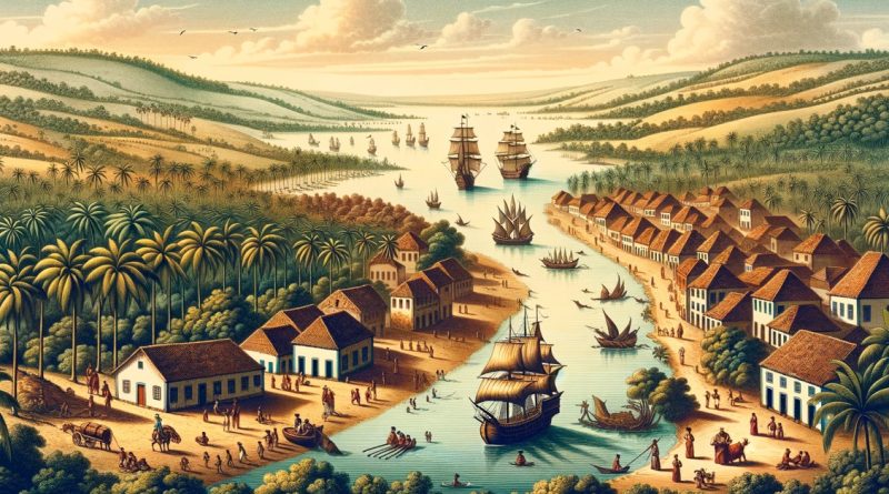 Uma representação das capitanias hereditárias do Brasil, ilustrando a divisão colonial da terra com povoados e caravelas ao fundo (Imagem gerada por IA)