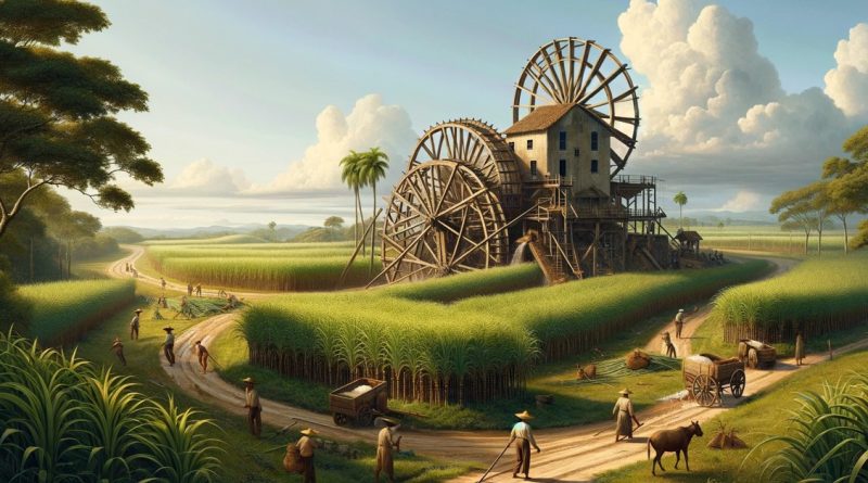 A imagem ilustra o ciclo da cana-de-açúcar no Brasil durante o período colonial, mostrando uma plantação extensa com um engenho ao fundo e trabalhadores realizando a colheita (Imagem gerada por IA)