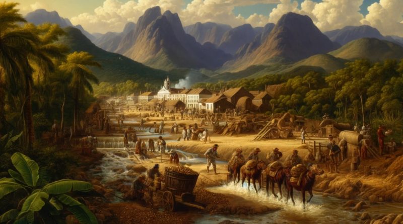 Imagem retrata uma paisagem que reflete tanto a intensa atividade de mineração quanto os contrastes naturais e sociais da época (Imagem gerada por IA)