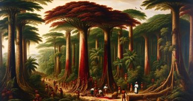 Imagem faz referência ao ciclo do Pau-Brasil, destacando não apenas a interação humana durante esse período, mas também as características distintivas das árvores de pau-brasil, como a cor de sua casca. (Imagem gerada por IA)
