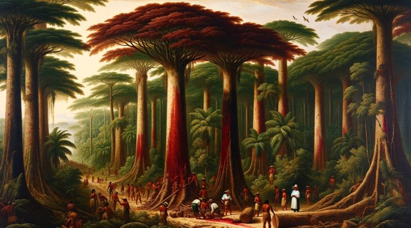 Imagem faz referência ao ciclo do Pau-Brasil, destacando não apenas a interação humana durante esse período, mas também as características distintivas das árvores de pau-brasil, como a cor de sua casca. (Imagem gerada por IA)