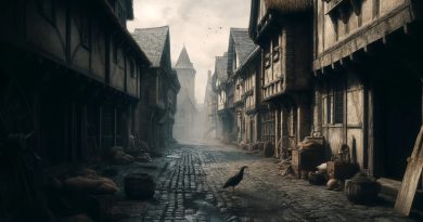 Imagem mostra uma vila europeia deserta do século XIV, destacando o efeito devastador da pandemia na população. (Imagem gerada por IA)