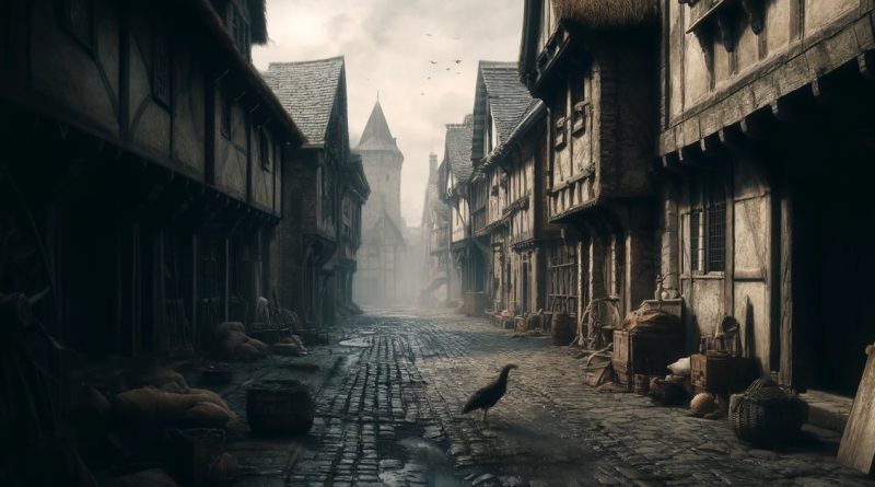 Imagem mostra uma vila europeia deserta do século XIV, destacando o efeito devastador da pandemia na população. (Imagem gerada por IA)