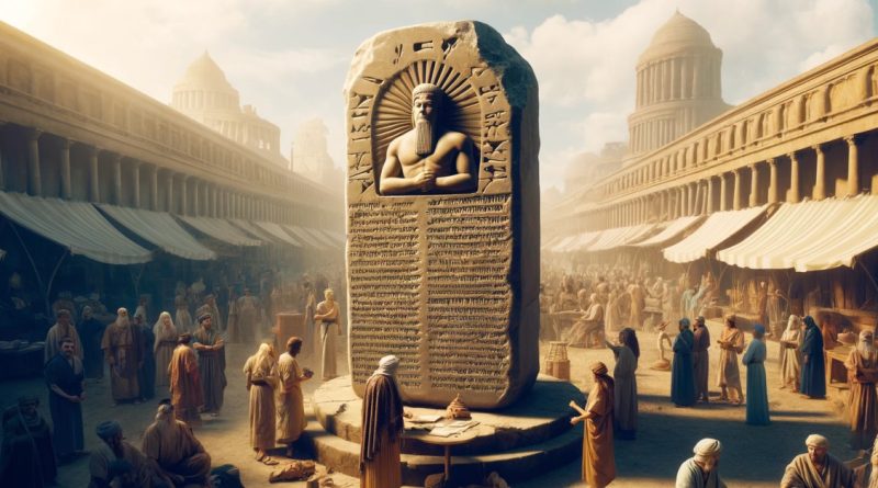 A imagem apresenta uma grande estela de pedra, exibida de forma proeminente em um mercado antigo movimentado. A estela está gravada com o texto cuneiforme conhecido das leis de Hamurabi, e uma escultura do próprio Hamurabi está representada no topo, simbolizando justiça e autoridade. (Imagem gerada por IA)