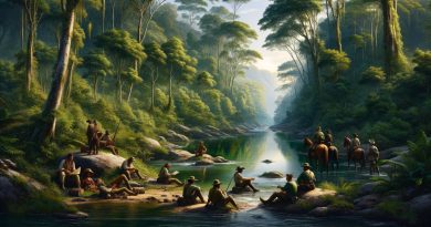 Imagem retrata uma cena pacífica durante o período das Entradas e Bandeiras no Brasil Colônia, com um grupo de Bandeirantes descansando ao lado de um rio em uma floresta tropical (Imagem gerada por IA)