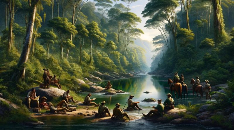 Imagem retrata uma cena pacífica durante o período das Entradas e Bandeiras no Brasil Colônia, com um grupo de Bandeirantes descansando ao lado de um rio em uma floresta tropical (Imagem gerada por IA)