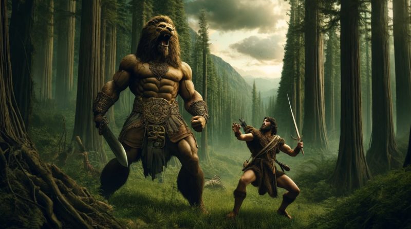 Imagem faz referência à Epopeia de Gilgamesh. A cena mostra Gilgamesh e seu companheiro Enkidu se preparando para confrontar o monstro Humbaba na Floresta de Cedros. (Imagem gerada por IA)