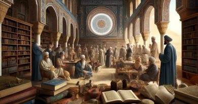 Imagem retrata uma cena da Era de Ouro do Islã. A imagem mostra estudiosos em uma biblioteca, discutindo e estudando diversos temas como astronomia, medicina e matemática, incorporando elementos arquitetônicos islâmicos e designs arabescos. (Imagem gerada por IA)