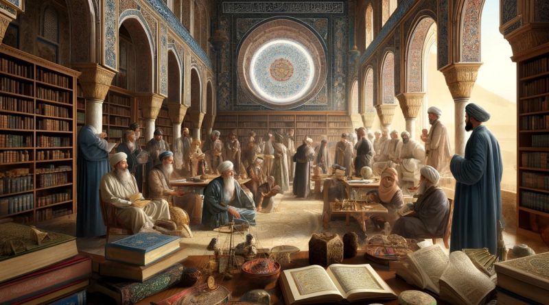 Imagem retrata uma cena da Era de Ouro do Islã. A imagem mostra estudiosos em uma biblioteca, discutindo e estudando diversos temas como astronomia, medicina e matemática, incorporando elementos arquitetônicos islâmicos e designs arabescos. (Imagem gerada por IA)