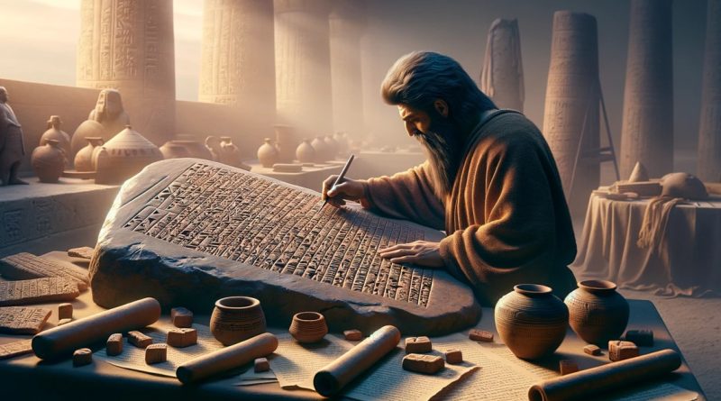 A imagem mostra um grande tablete de argila em primeiro plano, com inscrições cuneiformes (Imagem gerada por IA)