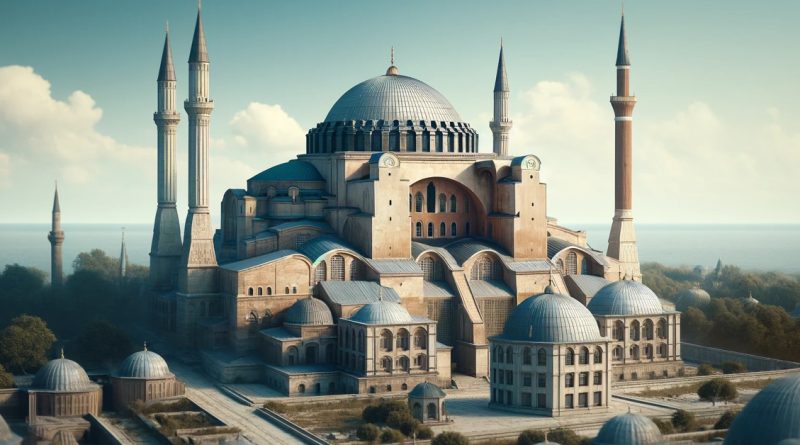 Imagem representa Hagia Sophia em Istambul, destacando sua arquitetura grandiosa. A imagem captura a beleza e a importância histórica desta obra-prima bizantina. (Imagem gerada por IA)