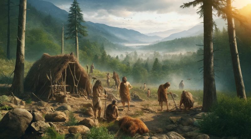 Imagem retrata os primeiros humanos em um ambiente natural, utilizando ferramentas de pedra e envolvidos em atividades como caça ou coleta. O fundo apresenta uma paisagem florestal acidentada típica do período, com detalhes como peles de animais e abrigos rudimentares. (Imagem gerada por IA)