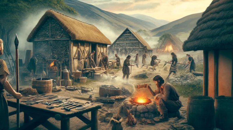 Imagem mostra pessoas da Idade do Bronze trabalhando em uma forja, criando ferramentas e armas de bronze. O fundo ilustra uma aldeia típica da Idade do Bronze com estruturas feitas de pedra e madeira, destacando os avanços arquitetônicos e a vida cotidiana durante esse período. (Imagem gerada por IA)