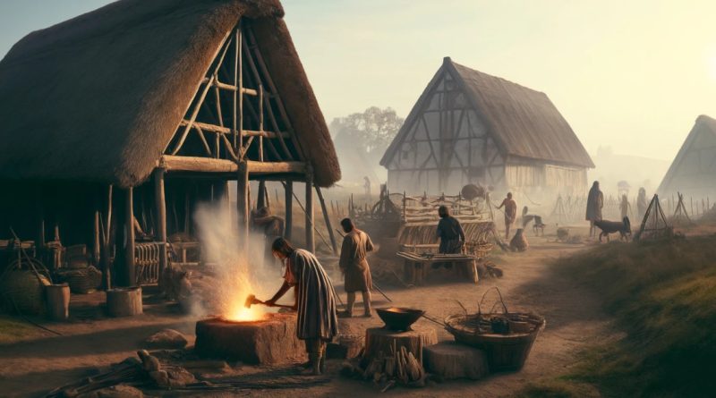 Imagem mostra pessoas da Idade do Ferro trabalhando com ferro em uma forja, com um fundo que ilustra uma aldeia típica da Idade do Ferro com casas cobertas de palha e estruturas de madeira. Esta cena captura a essência da vida cotidiana e dos avanços tecnológicos durante a Idade do Ferro. (Imagem gerada por IA)