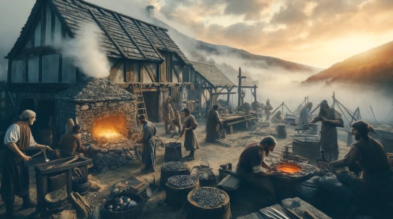 Imagem mostra metalúrgicos em uma antiga forja, trabalhando com ferramentas para criar itens de metal, como armas e joias. O cenário ilustra uma aldeia típica da Idade dos Metais com estruturas feitas de pedra e madeira, refletindo os avanços arquitetônicos da época. (Imagem gerada por IA)