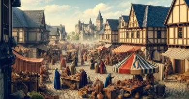 Imagem representa uma cena medieval de um mercado movimentado (Imagem gerada por IA)