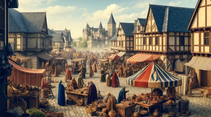 Imagem representa uma cena medieval de um mercado movimentado (Imagem gerada por IA)