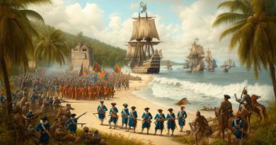 Imagem retrata as Invasões Holandesas no Brasil, com a cena ambientada na costa de Pernambuco (Imagem gerada por IA)