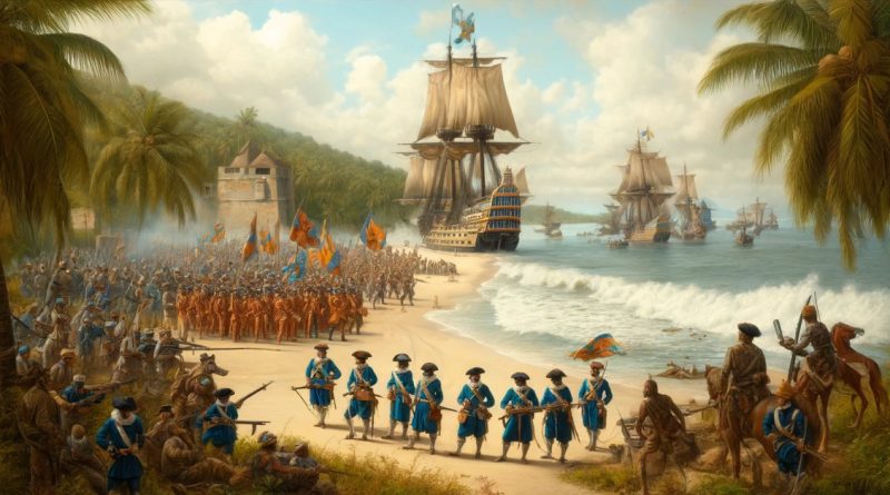 Imagem retrata as Invasões Holandesas no Brasil, com a cena ambientada na costa de Pernambuco (Imagem gerada por IA)