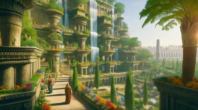 A imagem mostra um jardim exuberante e escalonado, repleto de vegetação abundante, flores coloridas e cascatas, simbolizando a maravilha arquitetônica e horticultural dos jardins. (Imagem gerada por IA)