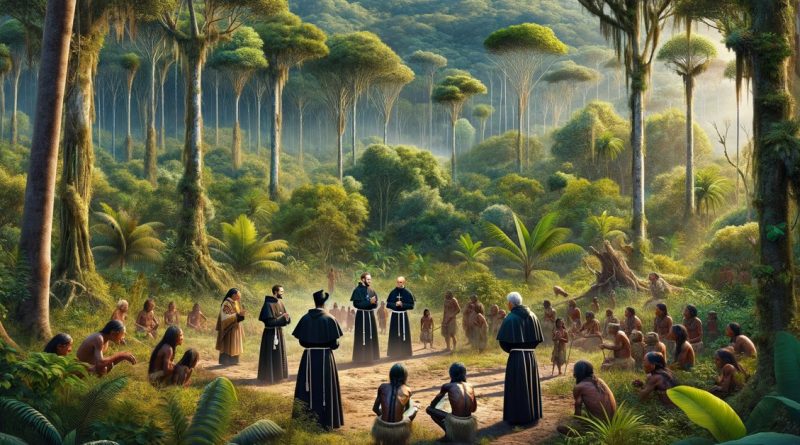 Imagem retrata os jesuítas no Brasil durante o período colonial. A cena mostra padres jesuítas interagindo pacificamente com povos indígenas em uma floresta tropical (Imagem gerada por IA)