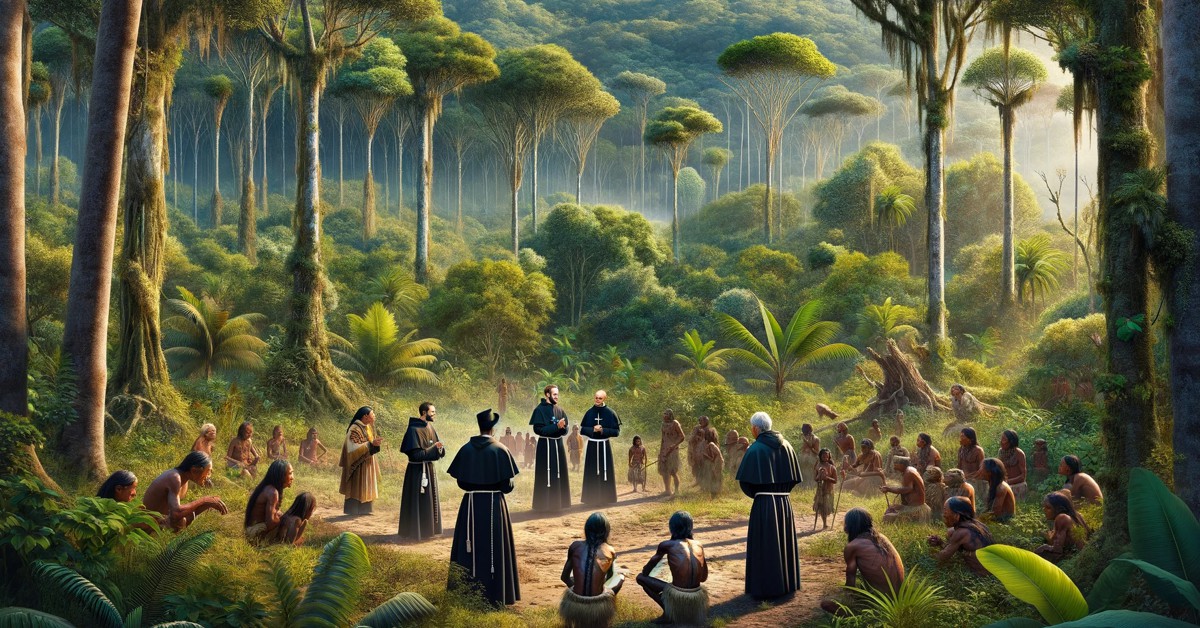 Imagem retrata os jesuítas no Brasil durante o período colonial. A cena mostra padres jesuítas interagindo pacificamente com povos indígenas em uma floresta tropical (Imagem gerada por IA)