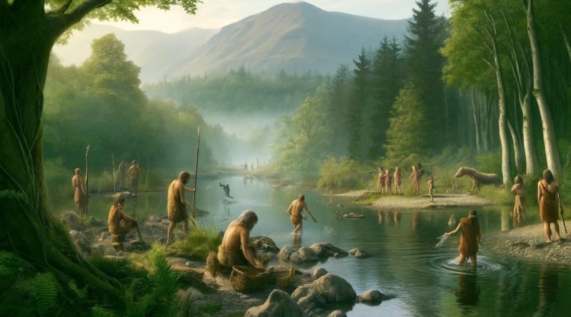 Imagem retrata um grupo de pessoas Mesolíticas envolvidas em atividades diárias, como a pesca em um rio, usando ferramentas simples como lanças e redes. (Imagem gerada por IA)