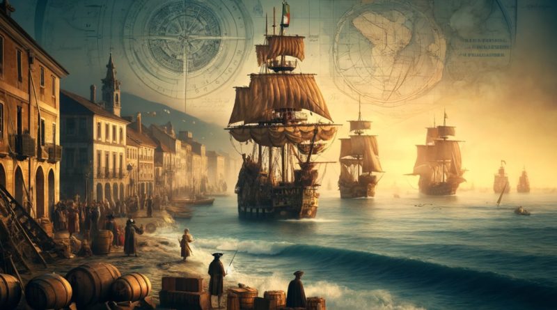Navios ao amanhecer partem para a era de descobertas marítimas, simbolizando aventura e inovação (Imagem gerada por IA)