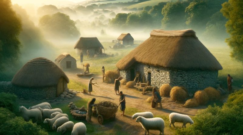 Imagem representa uma cena neolítica, mostrando um grupo de pessoas envolvidas em atividades agrícolas dentro de uma aldeia estabelecida. A aldeia apresenta casas de pedra, uma área comum e animais domesticados, situada em um ambiente exuberante e fértil, típico dos primeiros locais agrícolas. (Imagem gerada por IA)