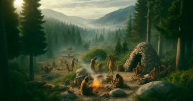 Imagem representa os primeiros humanos usando ferramentas de pedra e reunidos em torno de uma fogueira, em um cenário florestal acidentado, típico do período Paleolítico (Imagem gerada por IA)