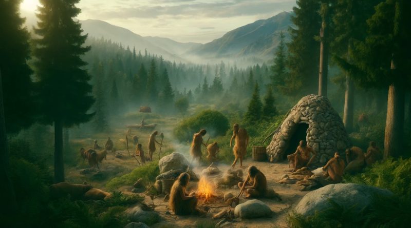 Imagem representa os primeiros humanos usando ferramentas de pedra e reunidos em torno de uma fogueira, em um cenário florestal acidentado, típico do período Paleolítico (Imagem gerada por IA)