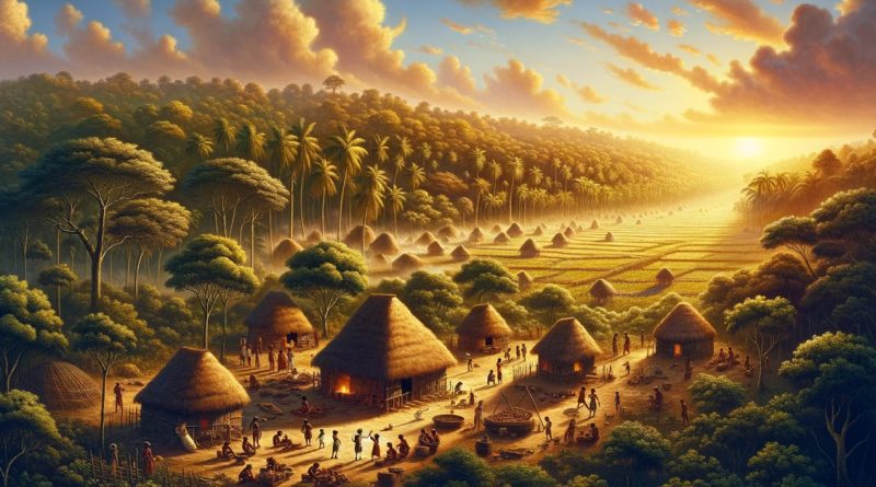 Imagem faz referência ao Quilombo dos Palmares, capturando a essência de uma comunidade que vive em harmonia com a natureza, sua resiliência e unidade (Imagem gerada por IA)