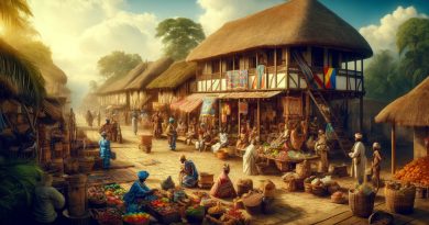 Imagem retrata uma cena de um mercado movimentado no Reino do Kongo, capturando a vida diária e a riqueza cultural deste reino histórico. (Imagem gerada por IA)